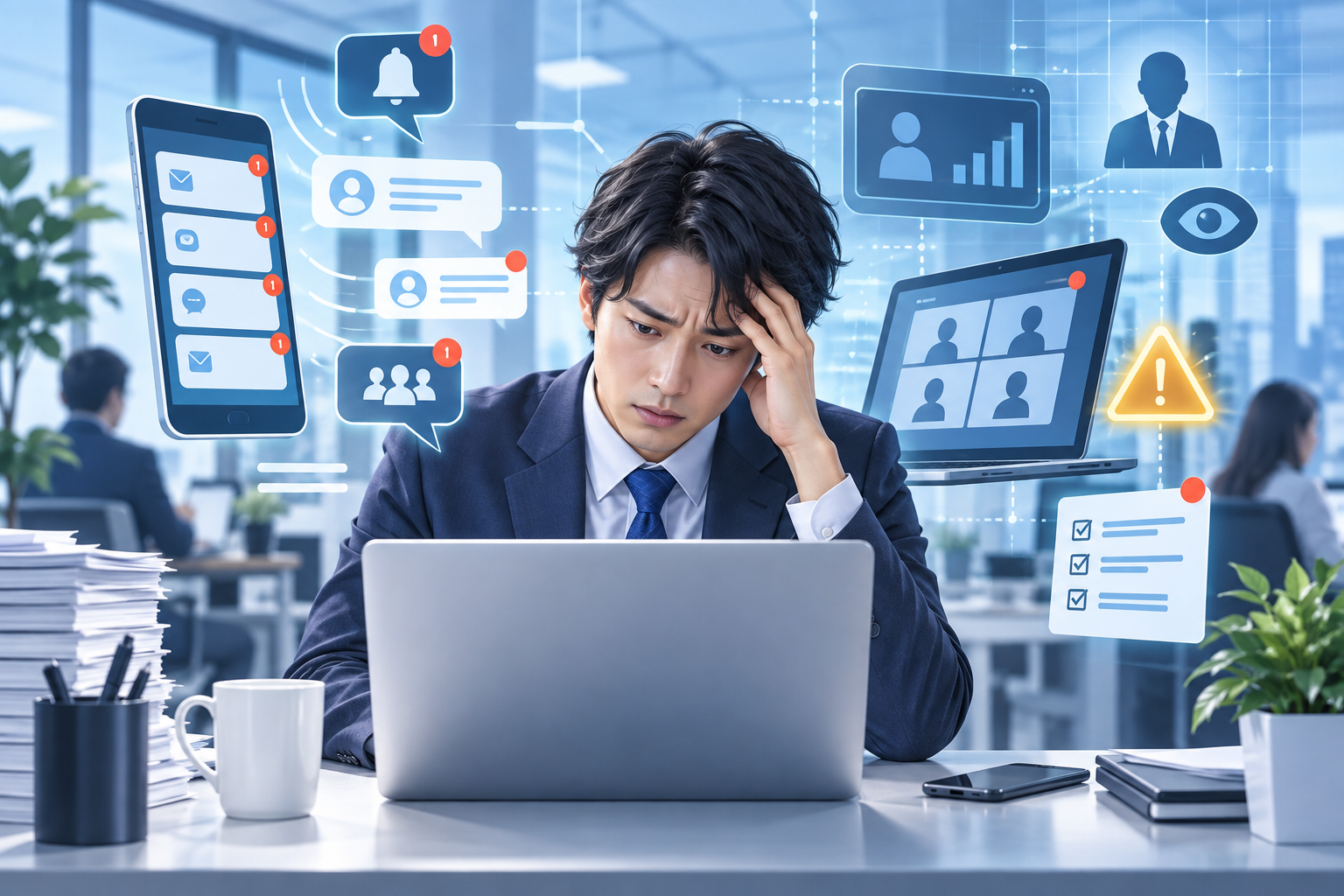 職場でテクノハラスメントに悩む会社員とデジタル通知のイメージ