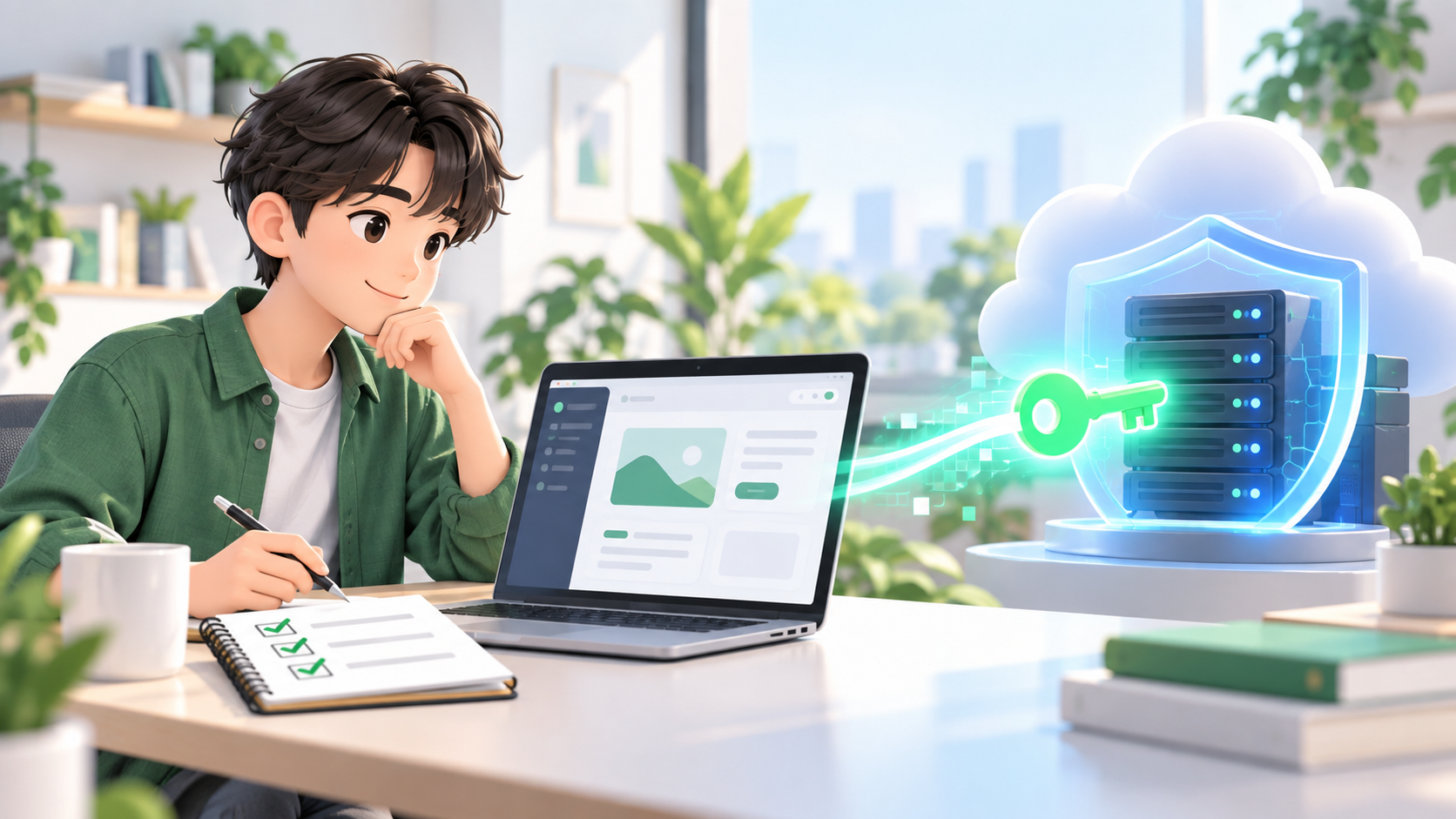 初心者がAIアプリのAPIキーをサーバー側で安全に管理し、公開前チェックを行う様子